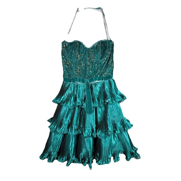 Betsey Johnson Dress Women 2 Emerald Green Bustier Dress Tiered Ruffle Gold Lace